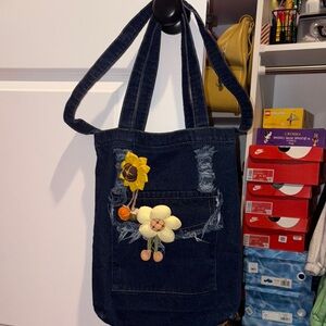 Denim Kids Tote Bag with Flower Accents